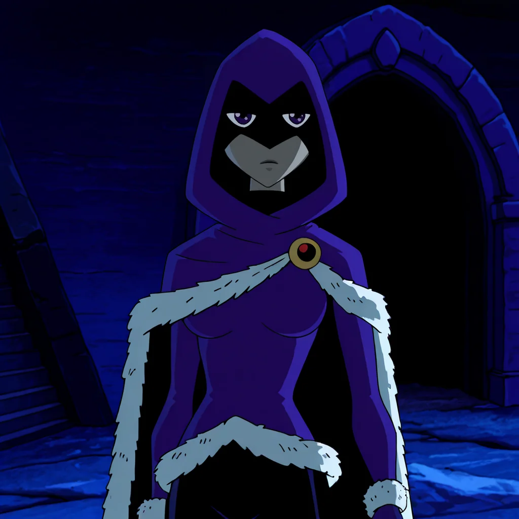 <lora:Raven_illustrious_v1:1>RavenTitansWinter, 1girl, cape, colored skin, hood, medium breasts, purple gloves, cloak, fur trim, purple eyes, short hair, cowboy shot