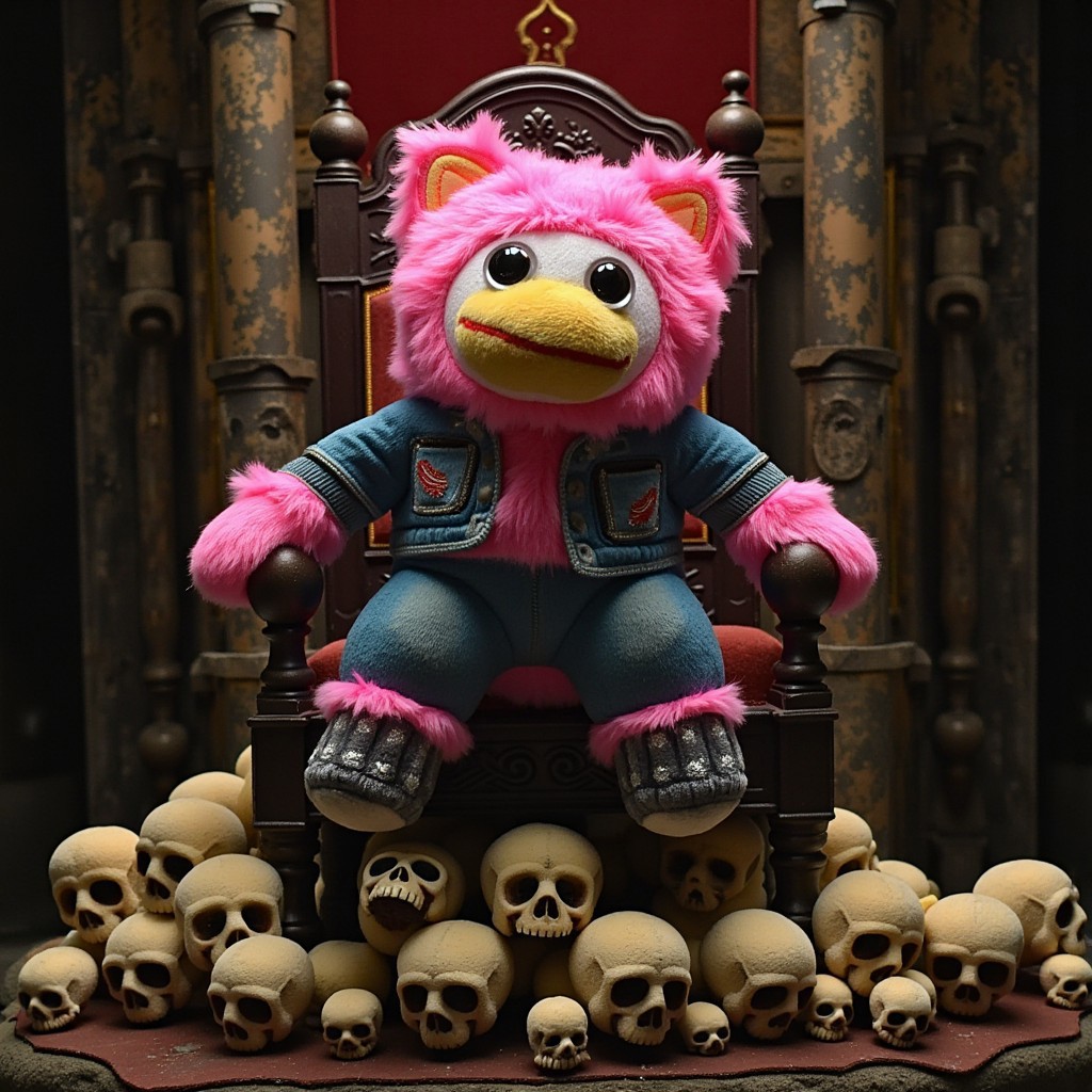 Peepy sitting atop a throne of skulls