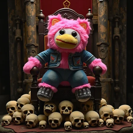Peepy sitting atop a throne of skulls