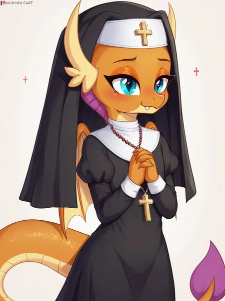 score_9,score_8,source_furry,
<1girl:1.5>,
<solo:1.5>,
1girl, orange body,orange skin,purple hair,dragon,dragon tail,
<simple background:1.5>,
<white background:1.5>,
<lora:Smolder_MLP-PonySDXL:1> smolder_mlp,, nun,
nun outfit,
habit,
church,
cross,
prayer beads,
holy,