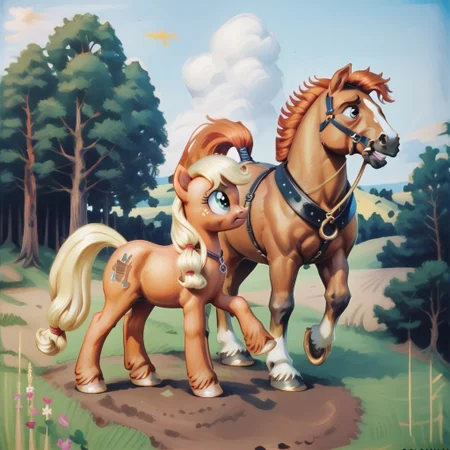 score_9, score_8_up, score_7_up, score_6_up, score_5_up, score_4_up, source_pony, BREAK a painting of a pony plowing a field, 1boy, horse, horse collar, horse harness, plow, field,  trees, agk_akseligallen-kallela_-_kalevala, traditional media