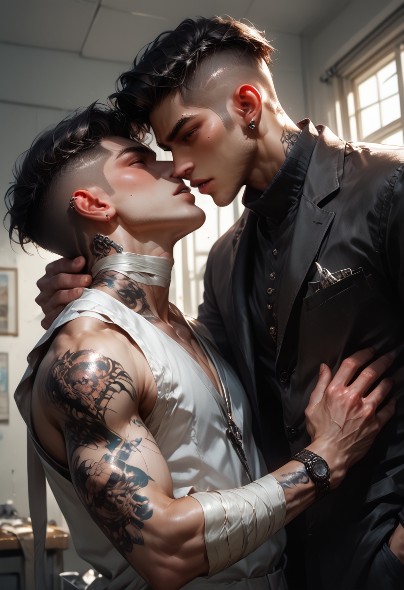 score_9, score_8_up, score_7_up, masterpiece, ultra-realistic 8k, (best quality), (lots of details), (intricate details), perfect male painting, detailed painting, inrticate, realistic skin, dynamic angle, (unique angle), (male focus), (2boys), adult, doctor, yaoi, (arched his back:1.3), (hugging:0.7), (on the verge of kissing:0.7), put him close, (tattoo:1.8), (bandages), undercut hair, medical room, embarrassed, (open mouth:0.7), horny, (looking at another), highres textures, Expressiveh
