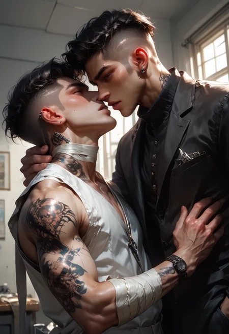 score_9, score_8_up, score_7_up, masterpiece, ultra-realistic 8k, (best quality), (lots of details), (intricate details), perfect male painting, detailed painting, inrticate, realistic skin, dynamic angle, (unique angle), (male focus), (2boys), adult, doctor, yaoi, (arched his back:1.3), (hugging:0.7), (on the verge of kissing:0.7), put him close, (tattoo:1.8), (bandages), undercut hair, medical room, embarrassed, (open mouth:0.7), horny, (looking at another), highres textures, Expressiveh