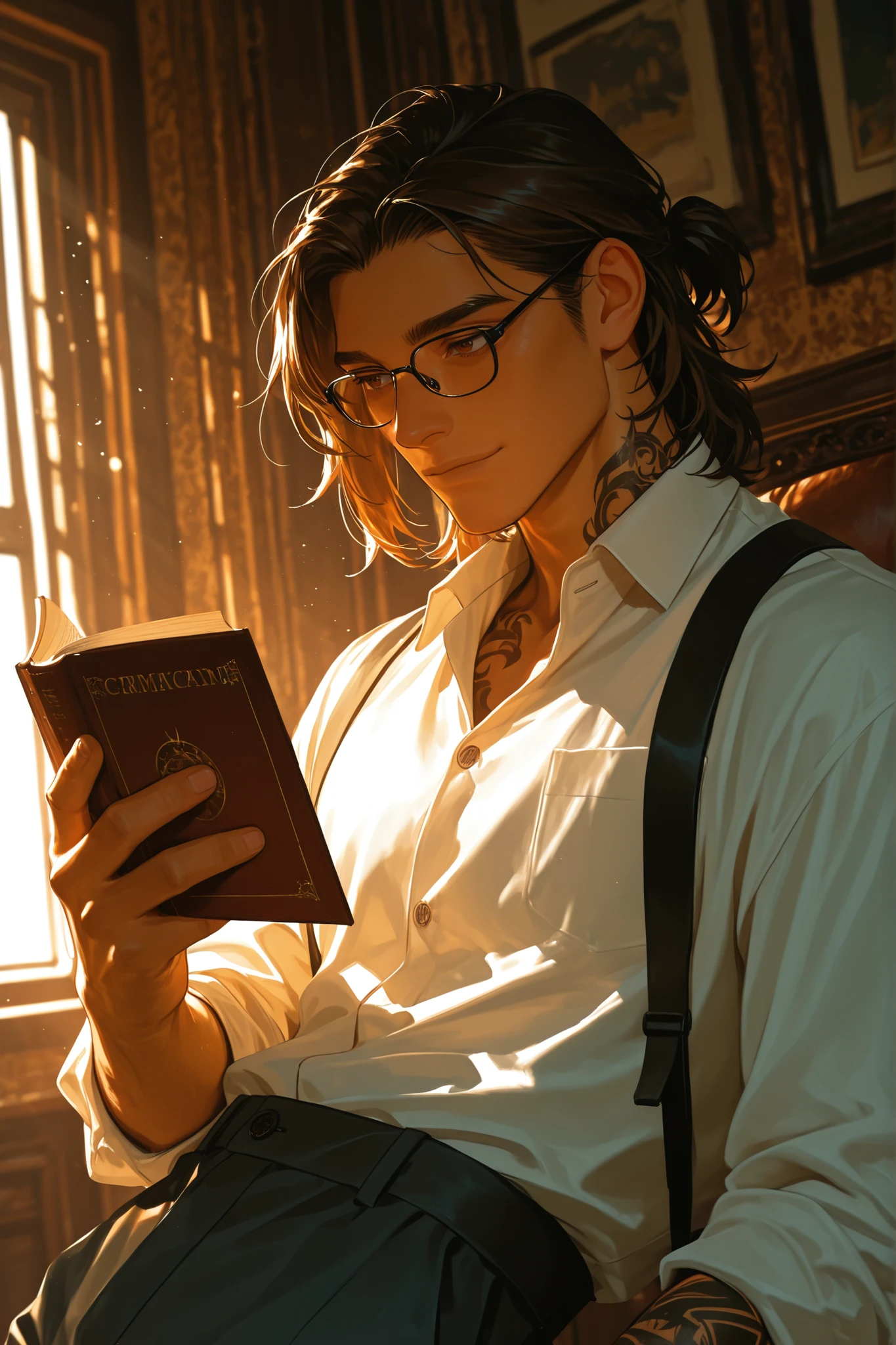 A man with tattoos, 1boy, male focus, solo, handsome man, indoors, shirt, white shirt, collared shirt, hand in pocket, sunlight, medium hair, portrait, dynamic angle, formal pants suit, eyeglasses, holding book, brown eyes, handsome face, detailed eyes, detailed face, Portrait, reading book, slightly smile, masterpiece, best quality, highly detailed, high-quality, cinematic lighting, 