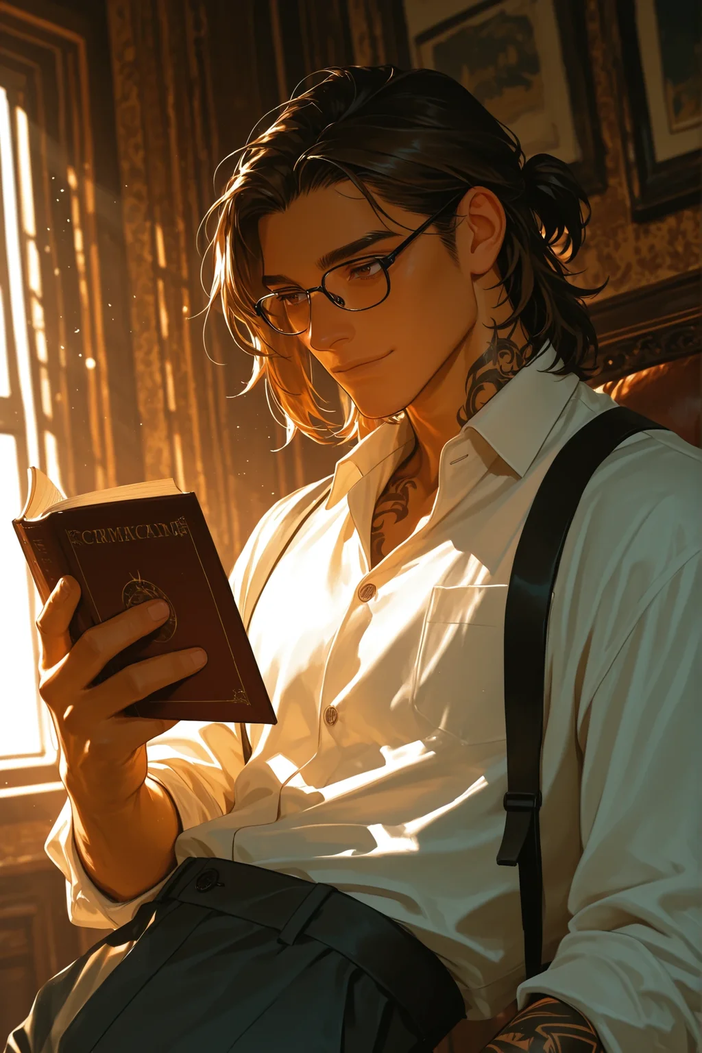 A man with tattoos, 1boy, male focus, solo, handsome man, indoors, shirt, white shirt, collared shirt, hand in pocket, sunlight, medium hair, portrait, dynamic angle, formal pants suit, eyeglasses, holding book, brown eyes, handsome face, detailed eyes, detailed face, Portrait, reading book, slightly smile, masterpiece, best quality, highly detailed, high-quality, cinematic lighting,