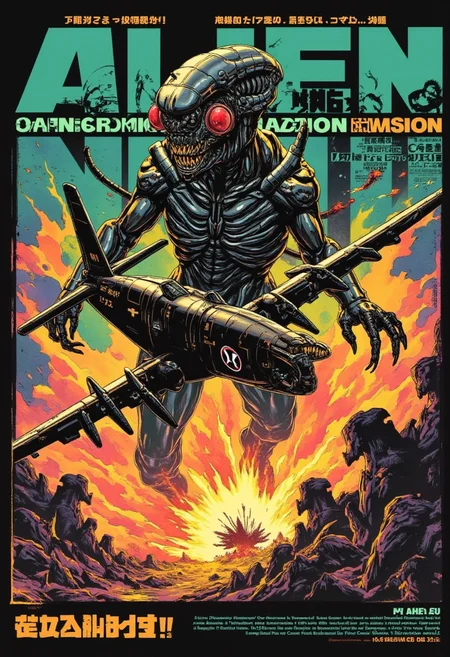 Poster, large fonts, graphic, A movie poster for an alien kaiju monster movie taking place during World War II. The movie title is 'Alien Invasion 1944' with a subtitle 'Alien Kaiju VS P-47!!!'. A P-47 Thunderbolt is flying toward viewer, banking sharply with trails of tracer fire cutting through the sky. In the background, an alien kaiju monster emerging from fiery explosions, menacingly reaching toward the airplane. The alien kaiju monster is partially visible with its elongated T-REX like head with fiery glowing eyes and multiple sets of dinosaur-like arms with 3 fingers, Its dark and biomechanical skin glistens, high contrast.