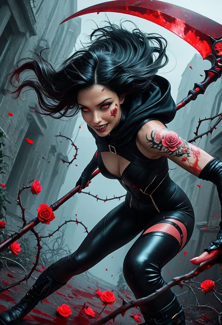 SmoothNoob_Quality, realistic, realistic textures, beautiful and intricate hair, protruding lips, lipstick, eyeliner, 1girl, demon girl, blood on hands, blood on weapon, blood splatter, blood stain, floating hair, bodysuit, boots, gloves, hood, sharp teeth, long hair, evil smile, solo, glowing rose thorns tattoo, rose thorns, teeth, scythe, holding scythe, two-handed, dynamic pose, incoming attack, dynamic angle, face close-up,