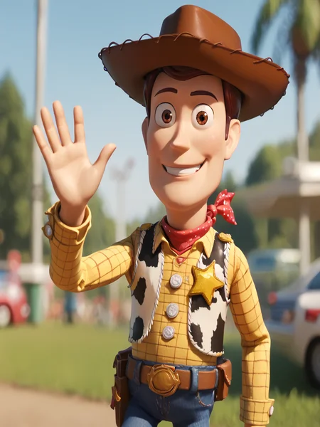score_9, score_8_up, score_7_up, score_6_up, BREAK, ToyWoody, solo, 1boy, brown eyes, smile, looking at viewer, brown hair, cowboy hat, vest, yellow shirt, red bandana, jeans, sheriff badge, raise right hand, waving, <lora:Woody_Sheriff-000009:1>