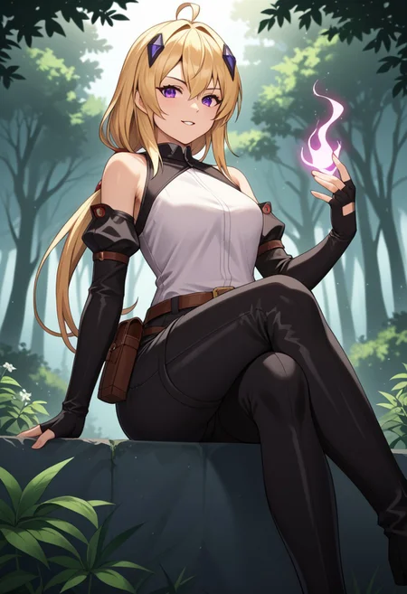 zPDXL3, score_9_up, score_8_up, score_7_up, (Anime_source), 1girl, Ines, purple eyes, blonde hair, long hair, low tie ponytail, parted lips, STANDING ON WHITE BACKGROUND, air_bow, red_bow, red_ribbon, bare_shoulders, elbow_gloves, belt, bet_pouch, fingerless_gloves, shirt, detached_sleeves, black_shorts, thigh_boots sitting_pose, hand_on_own_knee, hand_on_own_thigh, hand_on_own_chin, crossed_legs, looking_at_viewer, pout, slight_smile, light_blush, parted_lips, amaranth_forest, towering_trees, glowing_mist, bioluminescent_flowers, peaceful_wildlife, ethereal_light, mystical_vibes, tranquil_aura, vibrant_foliage, glowing_fog, magical_atmosphere, fantasy_nature, painterly_style