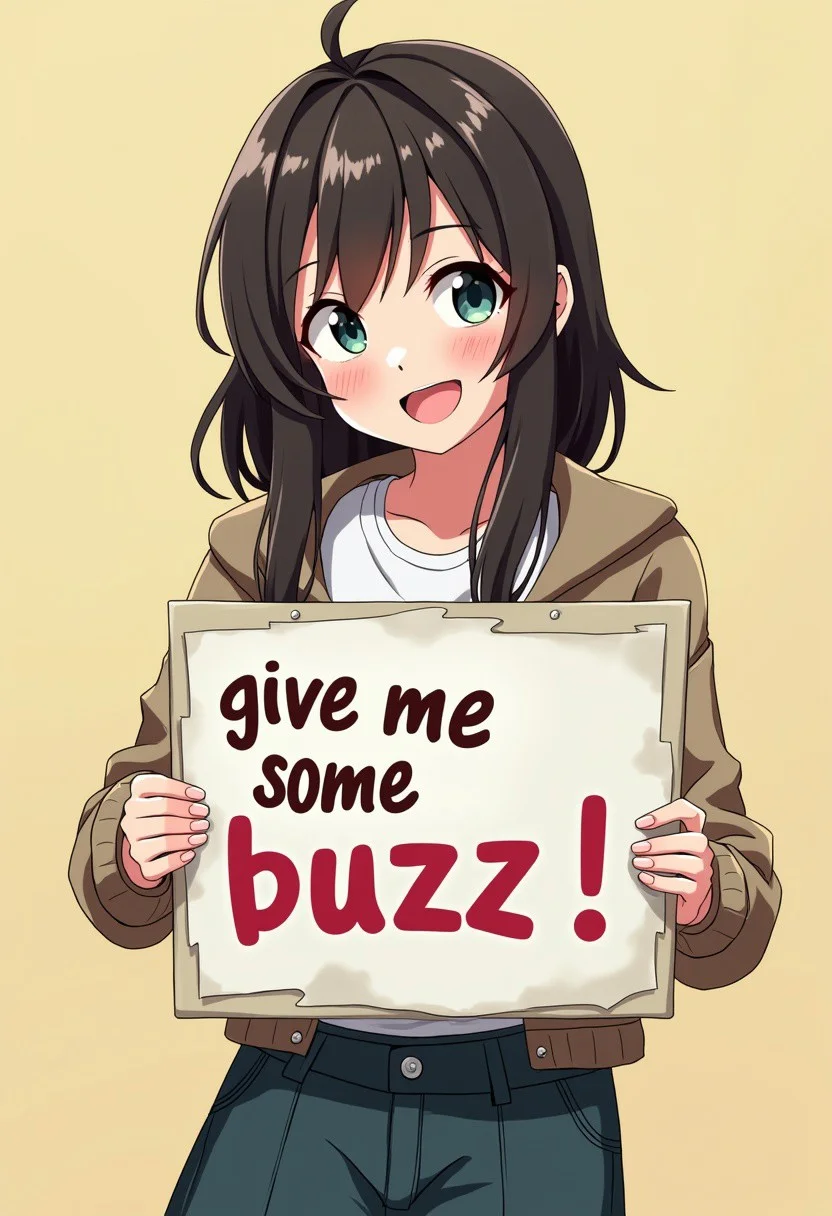 woman holding a sign "give me some buzz ",anime style