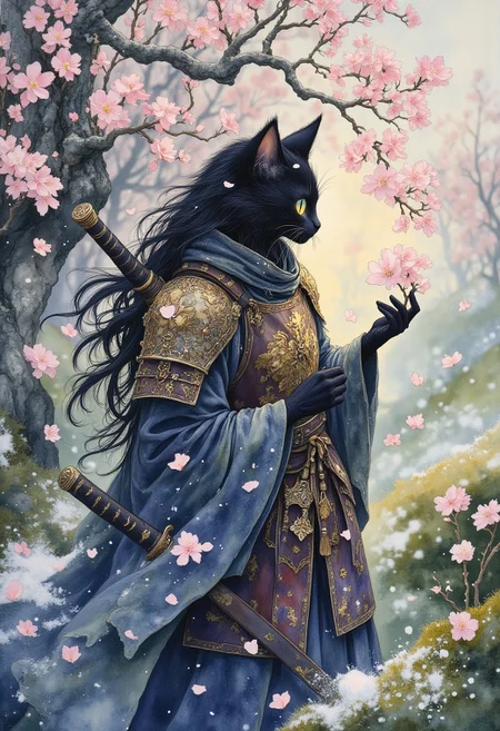 masterpiece, best quality, A hyper-realistic of picture a cat ronin in ornate samurai armor stands in the middle of an early spring field of cherry blossoms with small bits of snow left over. The ronin holds one of the blossoms tenderly in her gloved palm, looking at it with a gentle expression. Her long, flowing hair is adorned with small cherry blossom petals carried by the gentle breeze and a thin layer of snow. Beside her, on her leg, lies a large katana decorated with intricate engravings. Sunlight filters through the petals, casting a warm golden glow onto the scene, enhancing the romantic yet powerful atmosphere. The colors of the painting are rosy blue. HD32K, hyper detail, best quality. Micro details, facture surface, detail snow and ground, Cinematic, beautiful, vibrant, masterpiece, 32k, ultra HD, ultra-detailed, amazing quality, amazing artist, sharp edges, detailed textures, full view, atmospheric lighting, amazing visuals