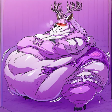 bbvicamelia, antlers, big antlers, veil, frilly veil, immobile, fat, chubby, plump, obese, large breasts, big butt, fat cheeks, wearing dr3ss, satin maid outfit, short poofy voluminous skirt, frills, apron, thighhighs, takeda hiromitsu style, diaper, big diaper, purple diaper, huge diaper, massive diaper, blue diaper, pink diaper, blush, waddle