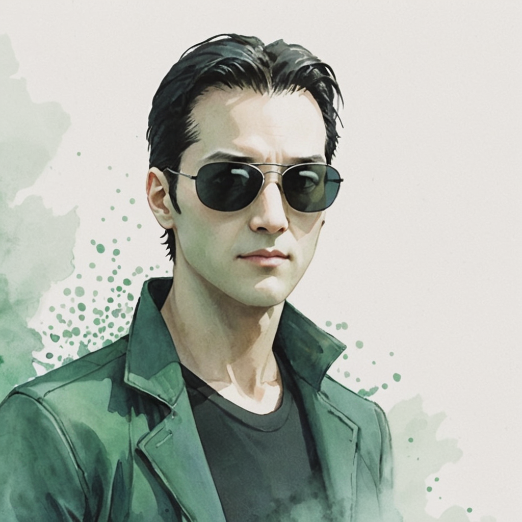 male, neo matrix, sunglasses, abstract watercolor, csw, <lora:CSW-Style-2-000017:0.7> (screengrab from the matrix)