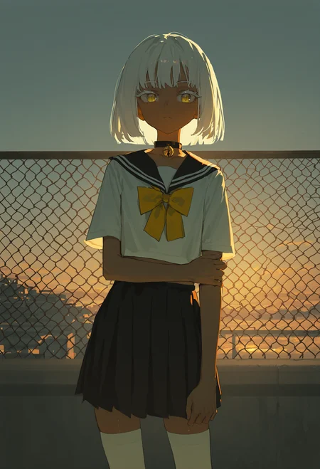 1girl,solo,masterpiece, best quality, newest, absurdres, highres, very aesthetic,newest,[(rsef:0.9),(kyokucho:0.6),(jyt:0.6),(tianliang duohe fangdongye:0.8),(dino \\(dinoartforame\\):0.4),(redum4:0.9),(nixeu:0.8)]
white hair,yellow eyes,slit pupils,dark skin,bob cut,skinny,colored eyelashes,white eyelashes,(tsurime:1.2),
short shirt,short sleeves,sailor collar,yellow bowtie,medium skirt,black skirt,pleated skirt,white thighhighs,neck bell,
outdoors,rooftop,chain-link fence,holding own arm,expressionless,backlighting,dusk,shiny skin,
<lora:é¡¶çº§ç¾å­¦è¯åillustrious_noobai_epsilon_pred_1_masterpieces_v1:1>,
