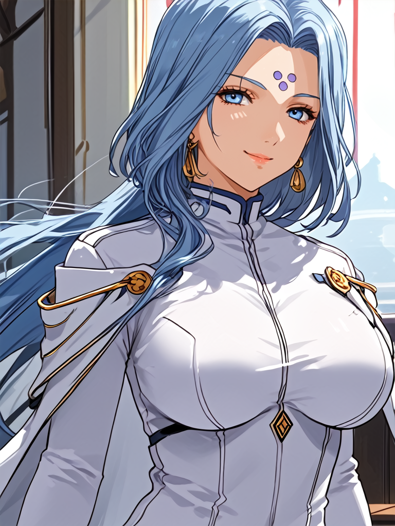 <lora:Expressive_H-000001>,Expressiveh,sexy posture,an evil smile,<lora:linde.pony:1>,1girl,solo,forehead mark,facial mark,blue eyes,blue hair,white gloves,long hair,white bodysuit,cape,breasts,gloves,earrings,jewelry,