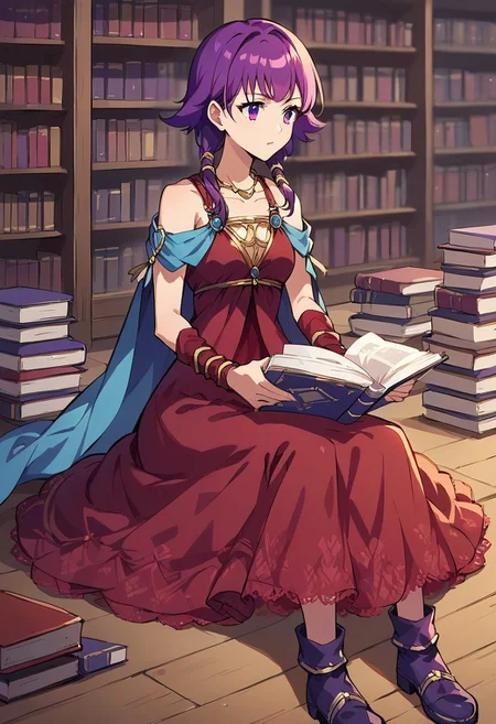 1girl, solo, alone, score_9, score_8_up, score_7_up, masterpiece, high quality, source_anime, very detailed, 
LuteFE, purple hair, short hair, low twintails, purple eyes, CFit, necklace, jewelry, red dress, sleeveless dress, skirt, bare shoulders, blue cape, arm warmers, purple boots, purple footwear, short dress, short skirt,
sitting, full body, facing forward, 
indoors, library, old study, reading a book,