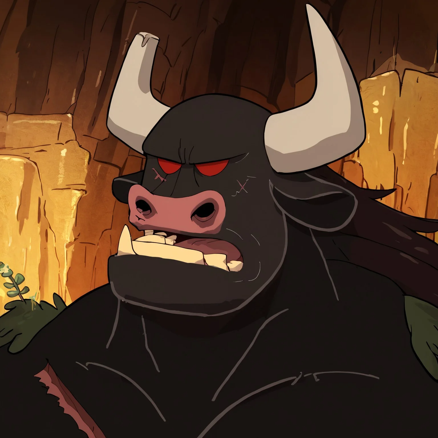 Expressiveh, score_9_up, score_8_up, score_7_up, (detailed face, detailed background, perfect eyes, perfect anatomy, masterpiece, best quality), rating_explicit, zoroj, Leaderaur, red eyes, muscular, scar, furry male, giant, pectorals, minotaur, long hair, moss on shoulders, cave, score_9, score_8_up, score_7_up, score_6_up, close up, portrait, detailed face, detailed eyes, face shot,