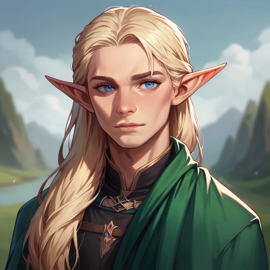 (((detailed, beautiful, high quality))), score_9, score_8_up, score_7_up, upper body,
elf, pointed ears,
1 male, blond hair, long hair, blue eyes, green cape, black shirt,
looking at the viewer, posing,
blurred background, fantasy background,