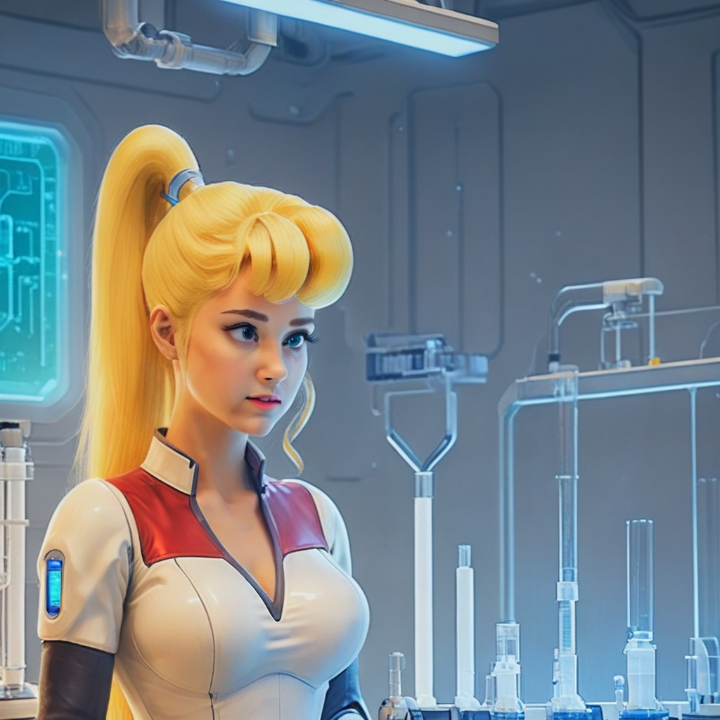 rollmega, upper body, chest, portrait, in the laboratory, smooth, high details, masterpiece, 4k, lustful, blonde, ponytail, android, cute, breasts