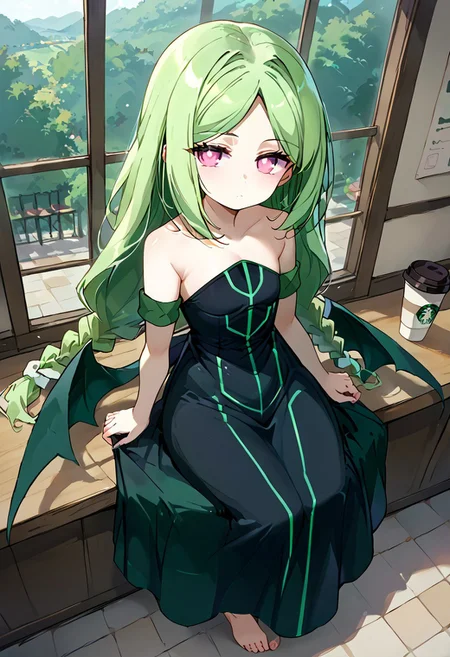 score_9, score_8_up, score_7_up, source_anime, momose kajitsu, 1gril, solo, green hair, long hair, parted bangs, twin braids, pink eyes, small breasts, bare shoulders,green striped black dress,strapless, strapless dress, long dress, green armband, wings, barefoot,, cafe, coffee cup, barista, sitting down, talking, relaxing, sunlight through window, expressionless, looking at viewer, from above, cowboy shot,