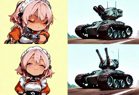 masterpiece, absurdres, newest, best quality, amazing quality, very aesthetic,e, score_9, score_8, score_7,,high quality, beautiful, detailed eyes, normal lighting,
<quality tag>, drakeposting_meme, 4koma, simple background
BREAK
1boy, orange jacket, dark skin, dark-skinned male, beard, red jacket, closed eyes, no gesture
BREAK
1robot, 1 robot, robot, mecha, visor, yellow eyes, glowing eyes, mechanical body, screws, red lights, pauldrons, shoulder cannon, gun, missile launcher, mechanical claw, continuous track, tracked treads, chain track, caterpillar tread, tank tread, wheels, chibi, ffl2roboilxl
BREAK
1boy, orange jacket, dark skin, dark-skinned male, beard, red jacket, closed eyes, pointing, yes gesture
BREAK
1 girl, CivChan, purple eyes, pink hair, maid costume, yandere, smile, confident, mature female, anime screencap, medium breast, slim body, (looking at viewer:2), luscious lips, sexy, very soft breasts, very fit body, (blush:0.5), sfw