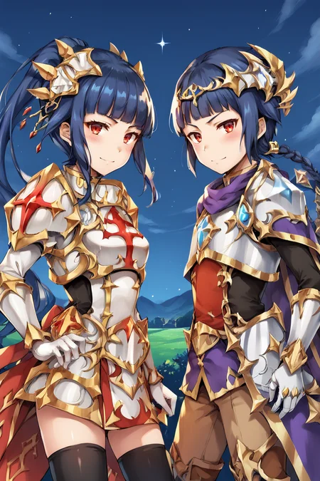 <lora:Claire__Colt:0.70>, Clabase, ClaAlt, 1girl, red eyes, blue hair, long hair, ponytail, sidelocks, braided bun, single hair bun, helmet, visor (armor), armor, white popped collar, breastplate, cuirass, gauntlets, greaves, pauldrons, high-low skirt, armored skirt, armored dress, skirt under dress, blue skirt, gold trim, cape, red cape, (smile),
<lora:Claire__Colt:0.70>, Cbase, Calt, red eyes, 1boy, blue hair, long hair, low-tied long hair, low-braided long hair, single braid, braided ponytail, braid, armor, blue armor, clothes under armor, layered shirt, shirt under armor, brown shirt, layered legwear, white sleeves, white pants, single pauldron, blue pauldron, black cape, hairclip, yellow hairclip, layered gloves, armored gloves, gloves, armored boots, blue boots, (flat chest), serious, shy, blush, 1boy, looking at viewer,
score_9, score_8_up, score_7_up, source anime, outdoors, exterior, starry hill, night, overlook, scenery, <lora:backgroundsetXL:0.2> , background, looking at viewer, from side, dual persona, brother and sister, siblings, ((cowboy shot)), <lora:m4gXLP:0.2> , m4g,