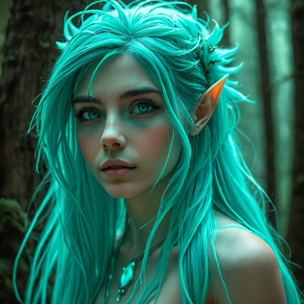 "An upper body photo of an ethereal elven nymph with vibrant, turquoise hair that flows wildly around her, framing her delicate features and pointed ears. Her mesmerizing teal eyes reflect the deep, mystical connection she has with the forest around her. She wears a simple necklace with a glowing gemstone that matches the color of her hair. The background is a dense, enchanted forest bathed in soft, green light, where the trees and foliage seem to shimmer with otherworldly energy, enhancing the nymph's magical aura."