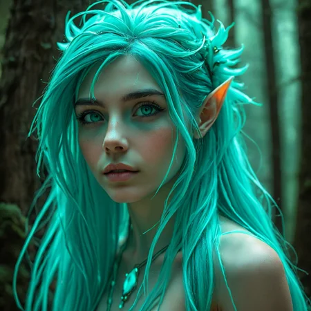 "An upper body photo of an ethereal elven nymph with vibrant, turquoise hair that flows wildly around her, framing her delicate features and pointed ears. Her mesmerizing teal eyes reflect the deep, mystical connection she has with the forest around her. She wears a simple necklace with a glowing gemstone that matches the color of her hair. The background is a dense, enchanted forest bathed in soft, green light, where the trees and foliage seem to shimmer with otherworldly energy, enhancing the nymph's magical aura."
