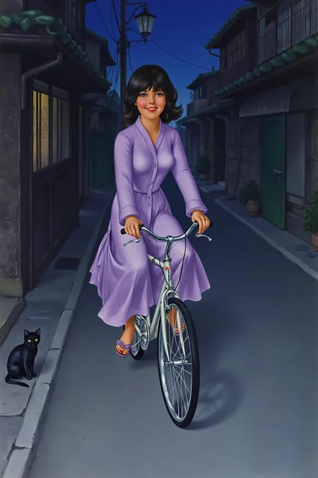 a1bertova illustration.
A Japanese school girl riding a old style bicycle through a narrow, quiet street at night. The happy woman wears a simple, flowing purple dress. In the corner, a small black cat with piercing eyes sits watching her quietly. The mood is tranquil and slightly magical. <lora:albertova1_cap_d6a3e11:1.0><lora:820984295993729595:0>