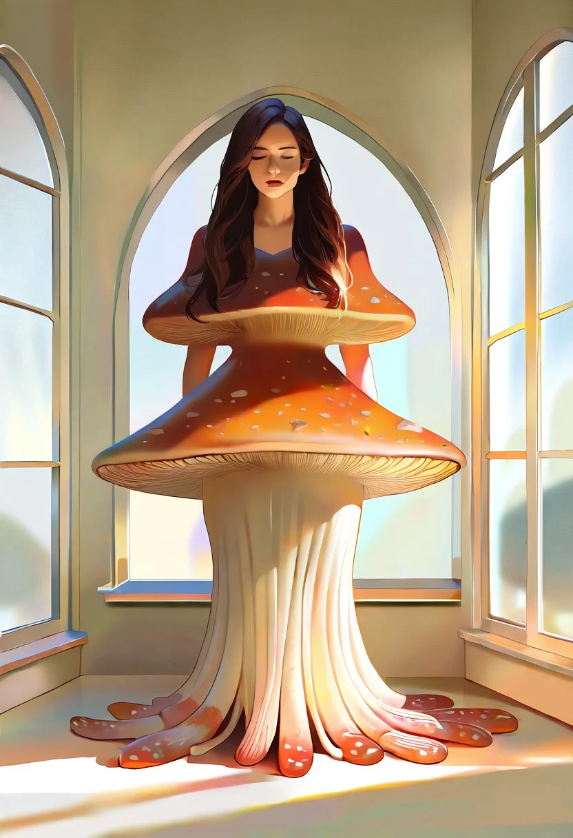1girl, solo, full body, simple dress, fungi dress, mushroom dress, brown hair, long hair, photo realistic, window in her face, surrealism,
from front, masterpiece,best quality,very aesthetic, absurdres, sfw, long shot, indoor, white wallpaper,
