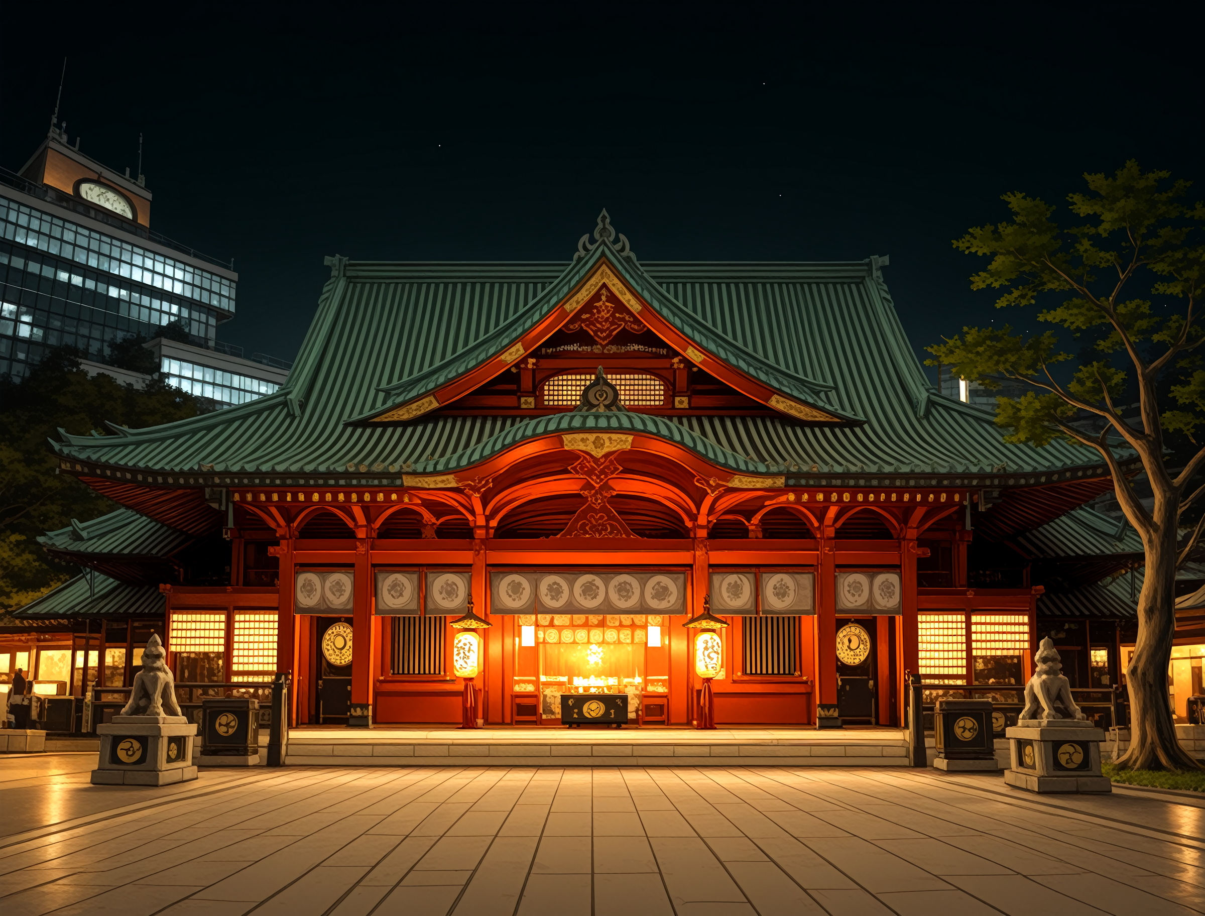 <lora:Kandamyojin-IllustriousXLV01-V1:1>
masterpiece, very aesthetic, absurdres, best quality, newest, perfect anatomy, perfect lighting, anime coloring BREAK
(sparkle, light particles:0.6), light rays, rim lighting BREAK
no humans BREAK
(kandamyojin, kanda jinja, tokyochiyoda shrine), building, tree, night, night sky, black background