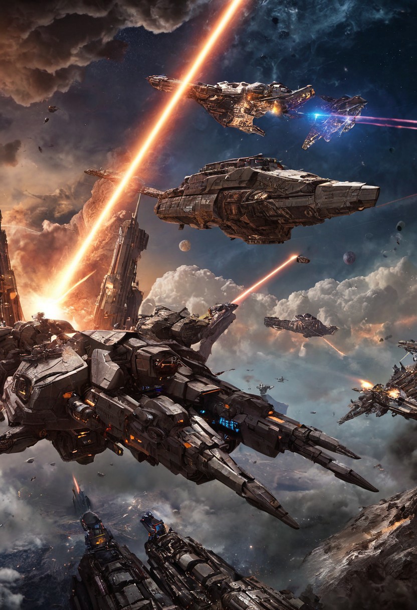 2 mechs, multi-superstructure, space adventure, starscape, epic battle, clouds of debris, fierce lasers, flying ships, behemoths, profound drama