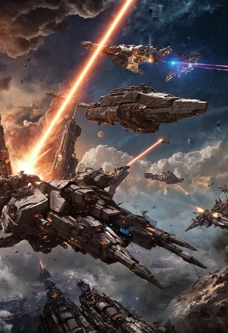 2 mechs, multi-superstructure, space adventure, starscape, epic battle, clouds of debris, fierce lasers, flying ships, behemoths, profound drama