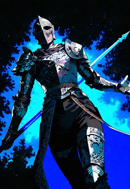 score_9, score_8_up, solo , 
(black knight) ,\(elden ring  , 1boy, handsome face, abstract background, armor , fire , full armor, holding , holding polearm , holding weapon , male focus , pauldrons , polearm , shoulder armor , single pauldron , weapon 
 tassets , vambraces , waist cape , weapon 
newest, year 2024, very aesthetic, masterpiece, best quality, highres, newest, absurdres, safe skin,cinematic lighting,ray tracing,female focus,dynamic angle,depth of field,high contrast,colorful,detailed light,light leaks,beautiful detailed glow, violet glow, best shadow,shiny,intricate details,hyperdetailed,very aesthetic,iridescent
(((masterpiece,best quality,newest,absurdres,highres, abstract style, watercolors, starry night background))) ,
[artist:kyuuba melo] , [artist:yourfreakyneighbourh ] , [artist:takashima_shoa]