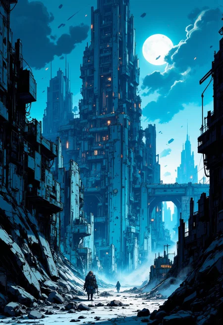 nvinkpunk, This is a digital artwork in the style of ckgr, a sci-fi futuristic cityscape of tall skyscrapers and asymmetrical towers built of marble and obsidian, moonlit night, blue and white theme