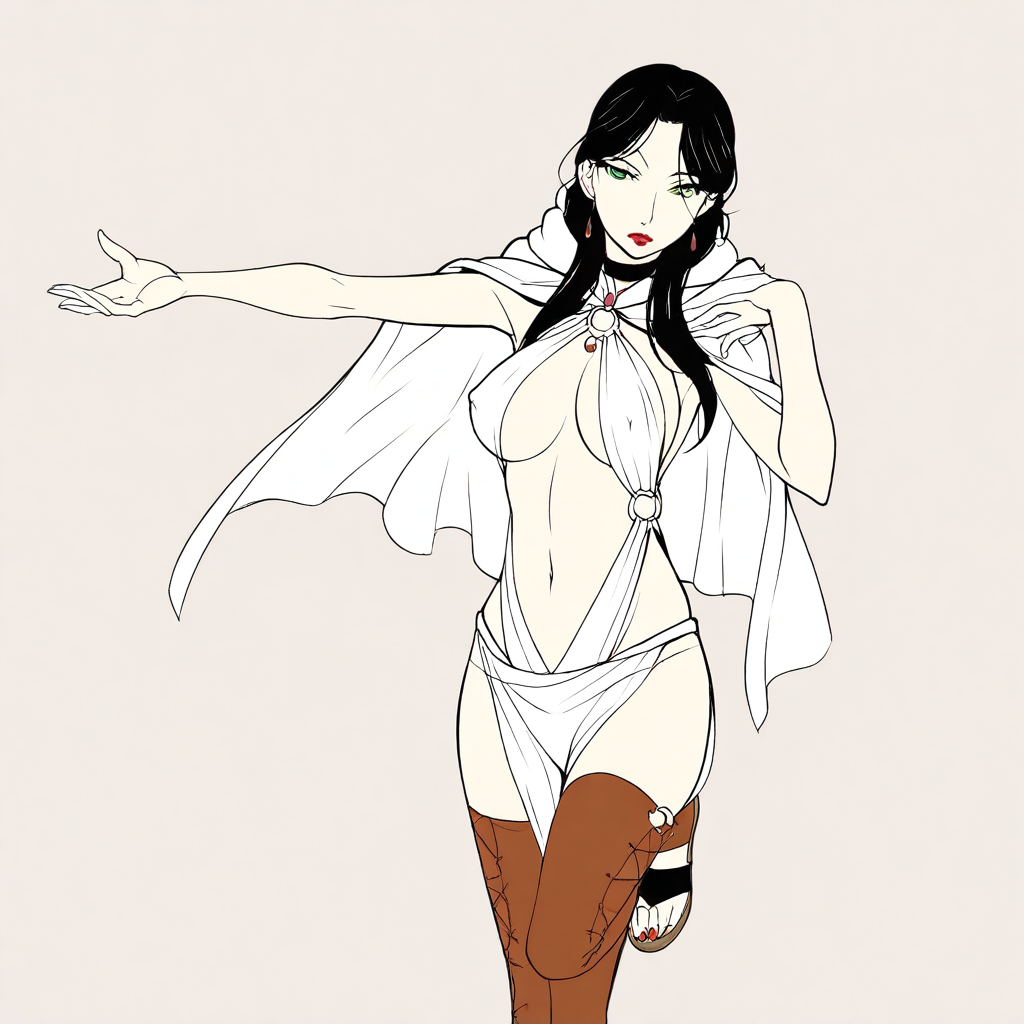 Masterpiece,best quality,limited color palette,lineart,vector art,1girl, solo, cowboy shot, (F4L4NG13S), long hair, black hair, green eyes, armpits, large breasts, cleavage, covered nipples, hood, large breasts, red lips, makeup, navel, thighhighs, sandals, toeless legwear, o-ring, looking at viewer, outstretched arm, large breasts, milf, black choker, simple background,