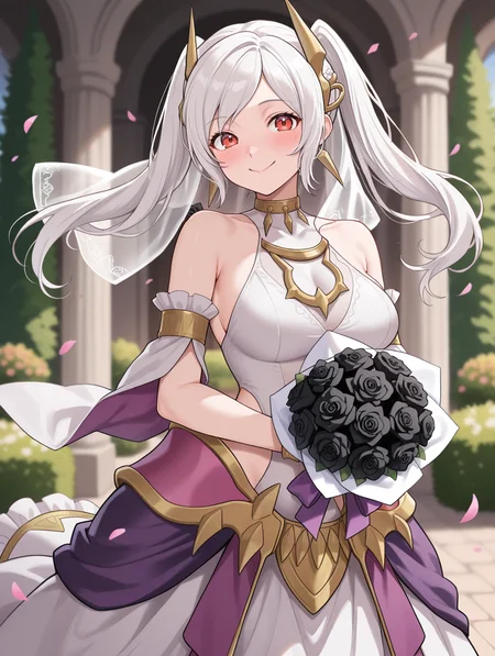 masterpiece, best quality, amazing quality, 1girl, red eyes, white hair, twintails, robin \(female\) \(fire emblem\), gold trim, grima \(fire emblem\), wedding_dress, white drees, veil, black roses, holding bouquet, looking at viewer, smile, blush, :>, cowboy shot, petals, Garden, absurdres, volumetric lighting, high res, very aesthetic, dramatic lighting, anime coloring,