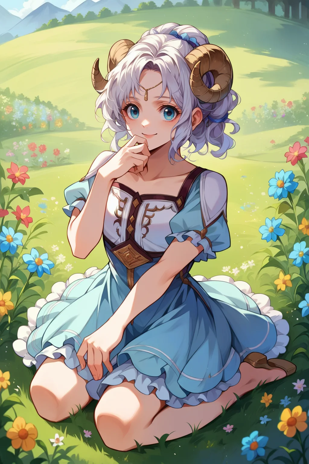 score_9, score_8_up, score_7_up, 1girl, solo, source_anime <lora:NSLArachelFE8:1> NSLArachelFE8, blue eyes, white hair, circlet, hair ornament, light blue dress, sheep horns, frilled dress, puffed sleeves, short sleeves, flower field, kneeling, happy