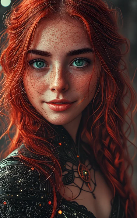 1girl,(long hair, bright red hair,green eyes, smile, black costume),(zentangle, mandala, tangle, entangle:0.6),(fractal art),the most beautiful form of chaos,brutalist designed,hting,sharp focus,physically-based rendering,extreme detail description,professional,vivid colors,bokeh,glow effects,godrays,Hand drawn,render,8k,octane render,cinema 4d,blender,dark,atmospheric 8k ultra detailed,cinematic,Sharp focus,big depth of field,Masterpiece,3d octane render,8k,concept art,trending on artstation,hyperrealistic,extremely detailed CG unity 8k wallpaper,trending on CGSociety,Intricate,High Detail,dramatic . Eerie,unsettling,dark,spooky,suspenseful,grim,highly detailed,<lora:xl_more_art-full_v1:0.5>,glow effects,godrays,Hand drawn,render,8k,octane render,cinema 4d,blender,dark,atmospheric 4k ultra detailed,cinematic,Sharp focus,big depth of field,Masterpiece,colors,3d octane render,4k,concept art,trending on artstation,hyperrealistic,Vivid colors,extremely detailed CG unity 8k wallpaper,trending on CGSociety,Intricate,High Detail,dramatic,d