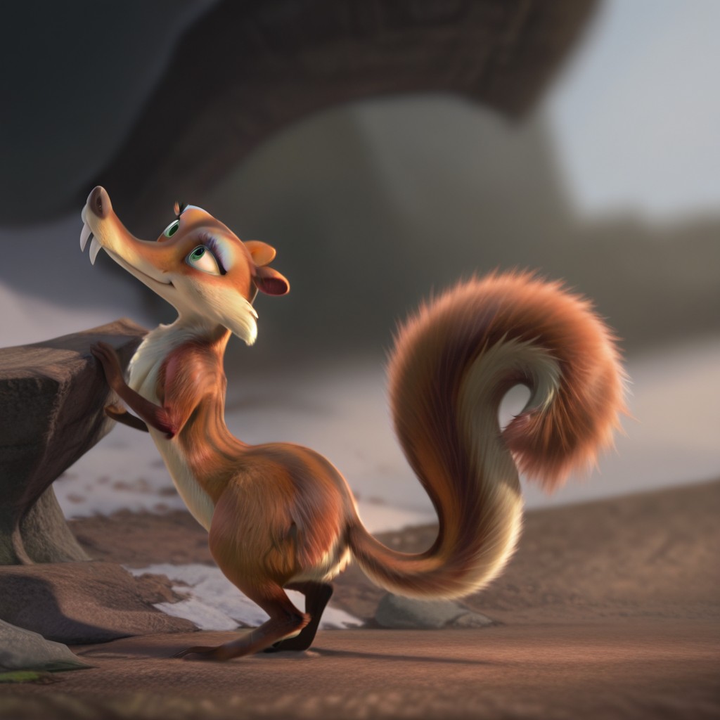 masterpiece, best quality, amazing quality, Scrattedotdil, feral, female, squirrel, orange-brown fur, green eyes, blue eyeshadow, saber tooth, outside, standing, full body, solo, realistic,, <lora:a8dd8e1b-684d-4e02-b199-a8544ad9e357:1.0>