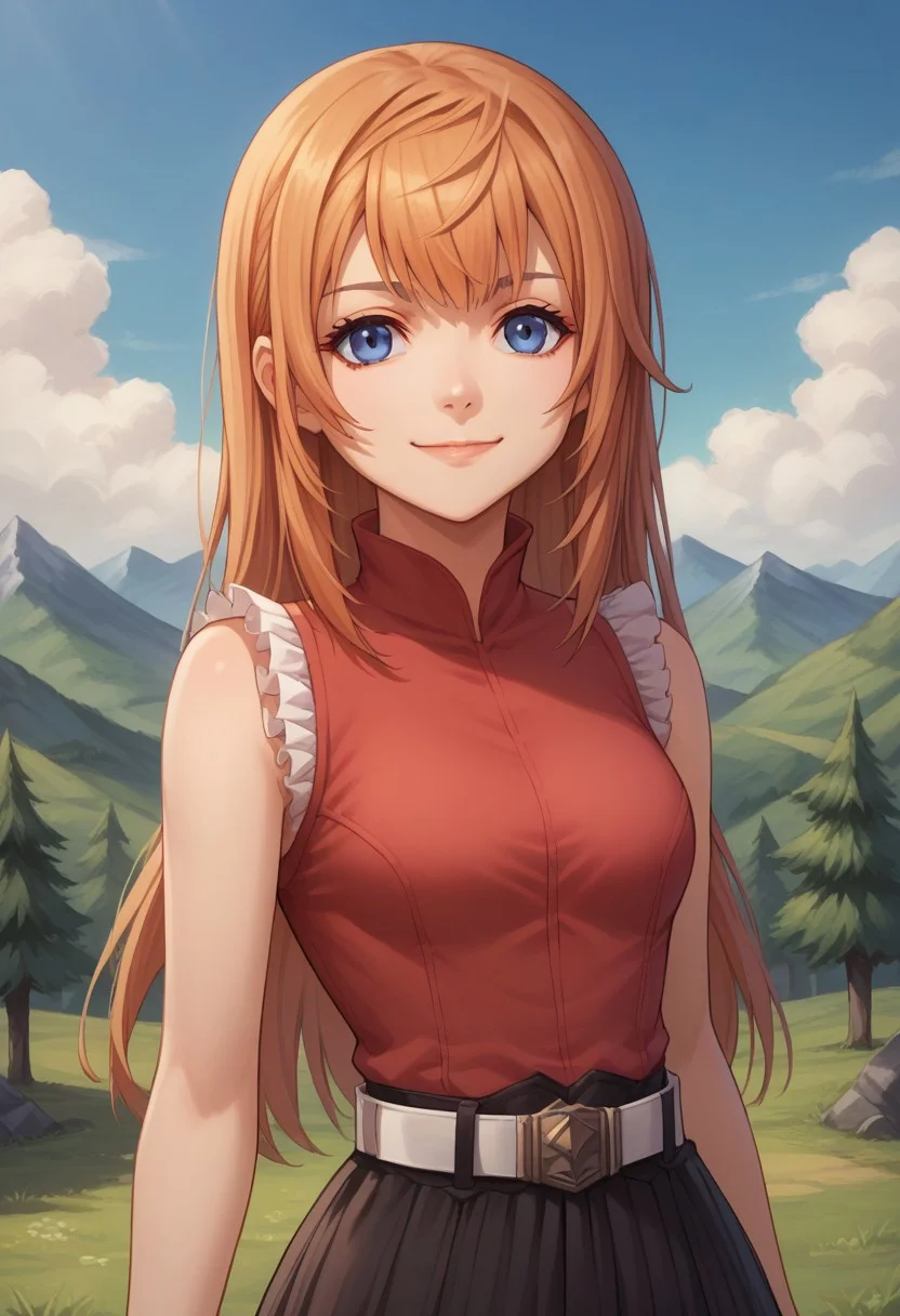score_9, score_8_up, score_7_up, source_anime, highly detailed,
reynn, 1girl, solo, long hair, sleeveless, blue eyes, upper body, frills, orange hair, smile, standing, shirt, red shirt, belt, smile, closed mouth
outdoor, sky, mountains, trees, clouds