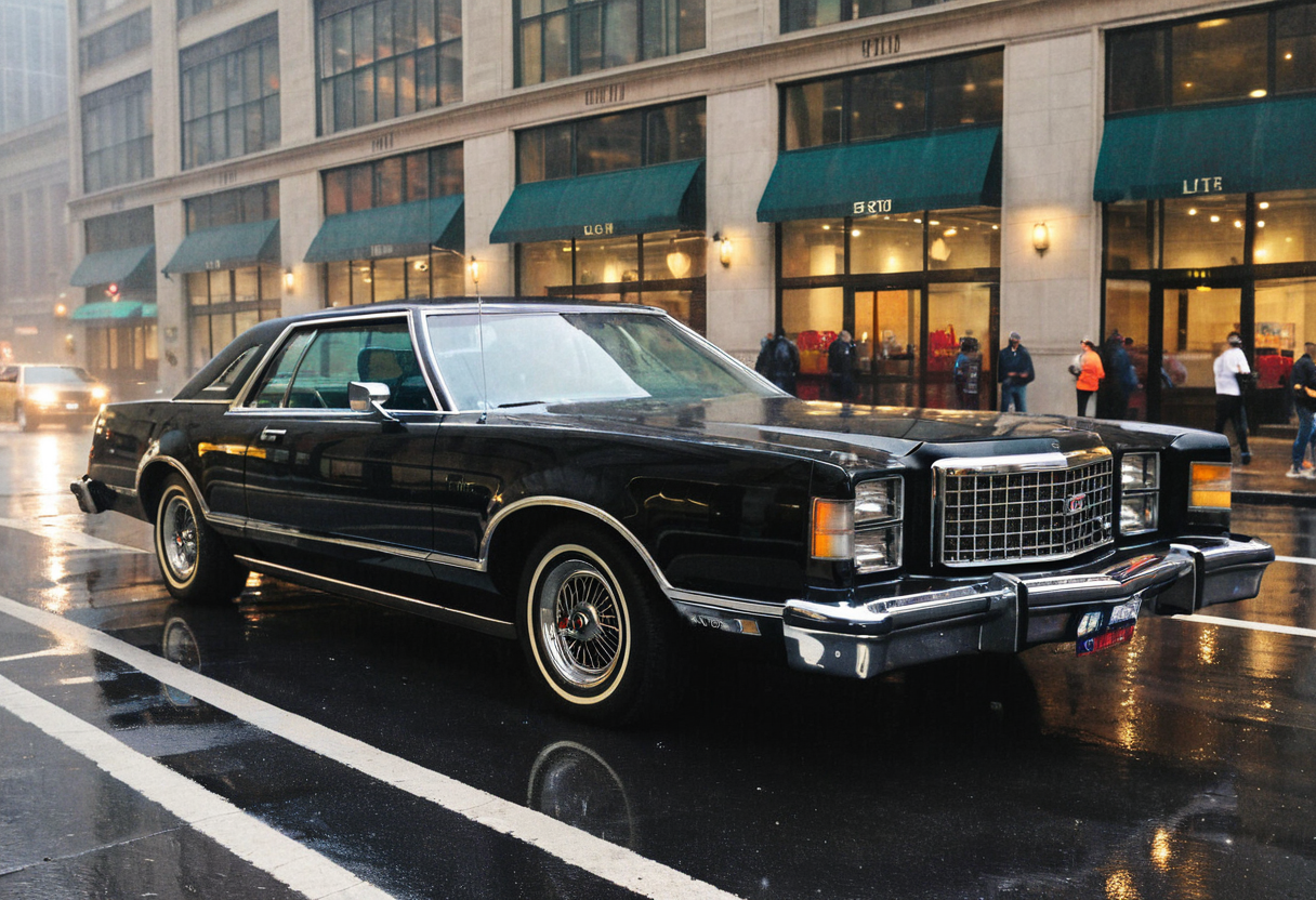 ClassicMuscleCar, gleaming black Ford LTD, sideview, wet Manhattan avenue, foggy raining late afternoon, reflections, 4K, highly detailed, (stylish grainy analog 35mm film photo)