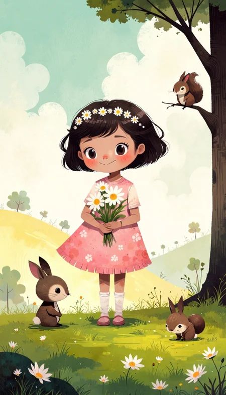 ppstorybook,A little girl with short, curly hair and a bright smile stands on a patch of soft grass, holding a bouquet of pastel-colored flowers. She wears a flowy, light pink dress with frills, and a crown of tiny daisies rests on her head. Around her, a pair of friendly rabbits nibble on the grass, and a small squirrel watches curiously from a nearby tree. The scene is set in a meadow with soft, rolling hills in the background and a sky filled with fluffy clouds. The colors are soft and dreamy, with an emphasis on pastel pinks, greens, and yellows. The style is whimsical and childlike, with a focus on clear emotions and an overall sweet, peaceful vibe.