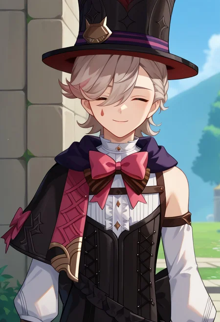 score_9, score_7_up, source_anime
lyney, 1boy, male focus, solo, closed eyes, blonde hair, short hair, braid, hair over one eye, teardrop facial mark, ouji fashion, hat, top hat, black headwear, capelet, bow, pink bow, shirt, white shirt, frills, center frills, corset, detached sleeves, long sleeves, puffy long sleeves, puffy sleeves, smile, upper body,
outdoor,