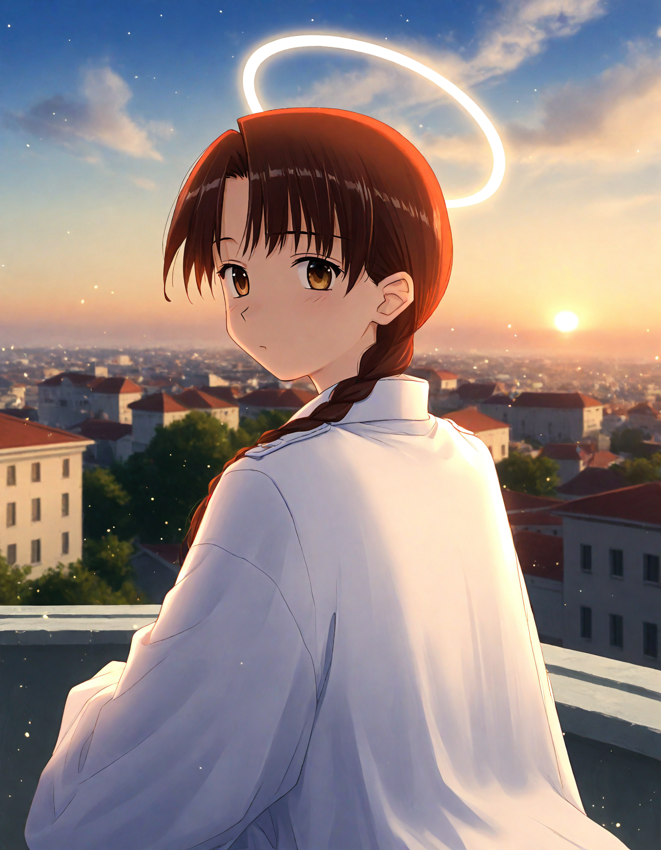 score_9, score_8_up, score_7_up, masterpiece, best quality, absurdres, official art, official style, (anime coloring, anime screencap, megami magazine, flat color:1.3), zPDXL2, zPDXLxxx,
<lora:Tsuina Style Pony_epoch_10:1.0>, tsuina_style
(cute face, beautiful face, detailed face, perfect face:1.3), 
dim lighting, light particles, dramatic lighting, bokeh, volumetric lighting, double exposure, 
rating_safe, sitting, outdoors, (portrait|upper body:1.3), , (from behind:1.3)
, from side, depth of field, sunset, blurry, cloud, on roof, halo, rooftop, war