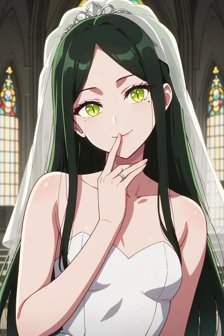 score_9, score_8_up, score_7_up, source_anime, 1girl, prefect lighting, very aesthetic, intricate details, highly detailed background, masterpiece, high quality, prefect hands, best quality, solo,
<lora:Frill_Shiranui_Oshi_no_ko_V1:.85>, KJOfrill, green hair, green eyes, slit pupils, mole under eye, mole under eye, long hair, parted bangs,
wedding dress, bridal veil, bare shoulders, one ring,
hand covering mouth, closed mouth, smile, looking at viewer, head tilt,
church,
(Beautiful, small Breasts:1.2), natural breasts,