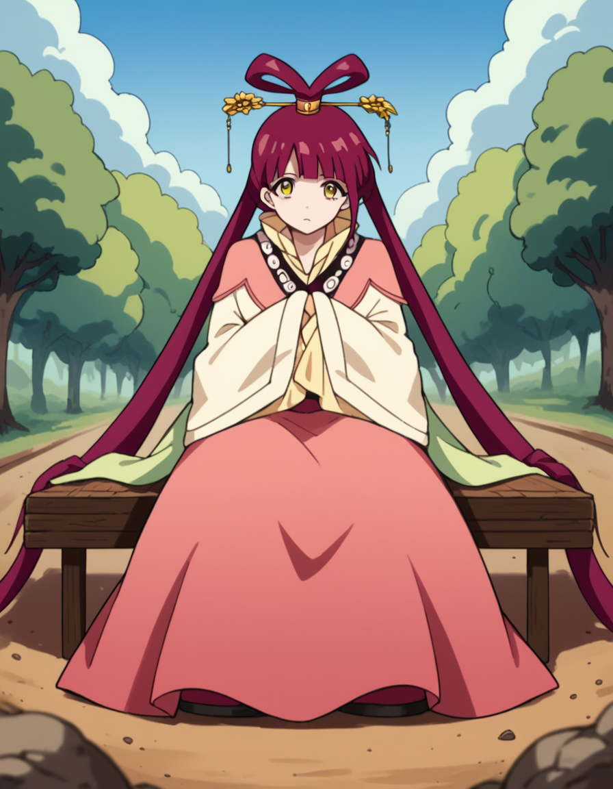 score_9, score_8_up, score_7_up, source_anime, <lora:kougyoku-ren-s1-ponyxl-lora-nochekaiser:1>, kougyoku ren, long hair, red hair, hair rings, twintails, bangs, blunt bangs, orange eyes, medium breasts,, shawl, dress, wide sleeves, long sleeves, sash, long skirt,, bike ride, countryside, dirt road, trees, afternoon sun, peaceful, alone, , sitting, elbow rest, table,, looking at viewer, solo,, dutch angle, cowboy shot