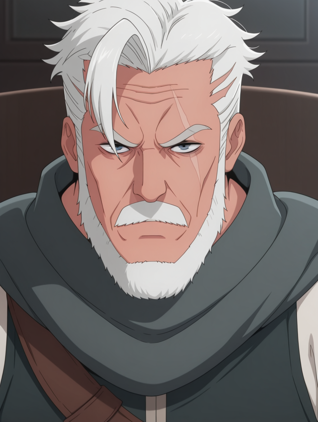masterpiece, best quality, amazing quality, 1 boy, solo, male focus, Glen Garia, old man, scar, gray eyes, beard, old, white hair
