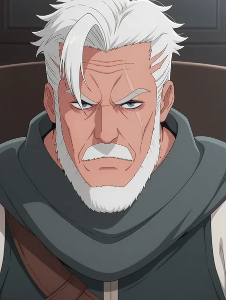 masterpiece, best quality, amazing quality, 1 boy, solo, male focus, Glen Garia, old man, scar, gray eyes, beard, old, white hair