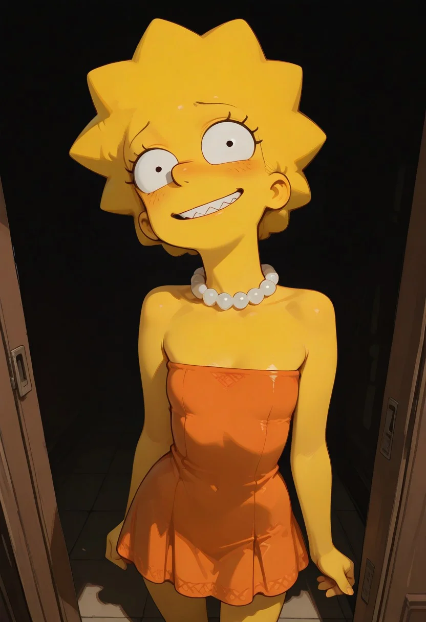 masterpiece, newest, absurdres, incredibly absurdres, best quality, amazing quality, very aesthetic, newest, , 1girl, solo, lisa_simpsons, detailed, dramatic light, high detail, sharp shading, centered composition, soft shadows, (dark room), decorative, warm light, volumetric lighting, raytracing, shadows, perspective, depth of, usnr, standing, sexy pose, happy face, sexy, orange tube dress with zigzag hem shirt, showing the groin, pleasure face, bare shoulder, strapless dress, sleeveless, pearl necklage,